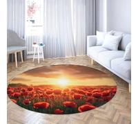 Via Vela Alfombra Redonda Estilo Moderno 150cm Campos Flores Rojas en la mañana Alfombra círculo Grande Lavable y Antideslizante para el hogar Apartamentos en el vestíbulo