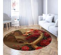 Via Vela Alfombras Clásicas Redondas 180cm Peonía Oriental Dorada Dorada Peonía Roja Lavable a máquina Alfombra Fina de Pelo bajo para salón Dormitorio Porche residencia