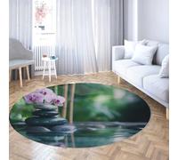 Via Vela Alfombras Redondas Antideslizantes de Estilo japonés 80cm Piedras apiladas con patrón de Reflejo de orquídea Alfombra Circular Lavable de Pelo bajo para Puerta Principal de Dormitorio