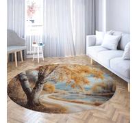 Via Vela Alfombras Redondas Autumn Landscape 80cm Abedul Dorado Sendero río Pintura Alfombrilla Plegable Pelo bajo Resist Manchas Fina antidesl Lavable para Salón Dormitorio