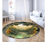 Via Vela Alfombras Redondas de Cuento de Hadas del Bosque 160cm Paisajes Naturales únicos de Bosque Alfombra Circular Fina Plegable de Pelo bajo Lavable Antideslizante para Comedor