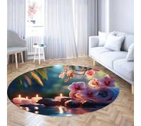 Via Vela Alfombras Redondas estéticas 180cm Máquina de Piedra Negra a la luz de Velas de orquídea Alfombra Circular Antideslizante Lavable para lavandería Comedor