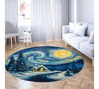 Via Vela Alfombras Redondas Estilo Noche Estrellada 80cm Winter Snowscape Village Antideslizante Lavable en máquina moqueta Fina de Pelo bajo para salón Dormitorio y residencia