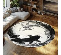 Via Vela Alfombras Redondas Grandes Estilo Pintura con Tinta 180cm Yin Yang Tai Chi Good Luck Koi Fish Alfombra Delgada Antideslizante Lavable para decoración del hogar del Dormitorio la Sala Estar