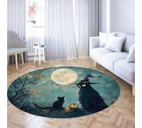 Via Vela Alfombras Redondas Halloween 180cm Búho Bruja Gato Negro Luna Llena Alfombrilla Plegable Pelo bajo Resist Manchas Grande Fina antidesl Lavable para Sala Juegos Dormitorio