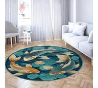 Via Vela Alfombras Redondas Lavables Estilo Vintage 150cm Patrón Tradicional de Estanque de Flores de Loto con patrón de pez koi Antideslizante de Pelo bajo y Fina Alfombra para el Comedor de Entrada