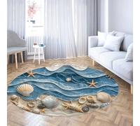 Via Vela Alfombras Redondas náuticas Playa 120cm Olas 3D océano Concha Estrella mar Alfombrilla Lavable antidesl Fina Plegable Pelo bajo Resist Manchas para Salón Baño