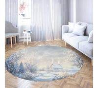 Via Vela Alfombras Redondas nórdicas 100cm Cabaña de Nieve árbol Invierno patrón Paisaje Alfombra Cocina Antideslizante Lavable Blanda Larga Plegable Resistente a Manchas Redonda Comedor