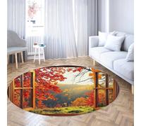 Via Vela Alfombras Redondas View Outside The Window 180cm Hojas Arce del Bosque otoño Alfombra círculo Delgado Plegable Antideslizante Lavable para Comedor