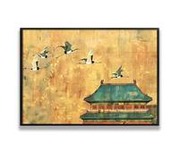 Via Vela Arquitectura tradicional china Grulla Pájaros Oriental Lienzo Arte de pared decor Cultural Pintura Impresiones para sala de estar Póster asiático Obra de arte 40x60cm con marco negro