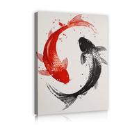 Via Vela Arte de pared de peces koi Pintura abstracta con lienzo con tinta Pintura negra roja de la carpa japonesa de la suerte Decoración de Feng Shui para dormitorio de oficina 30x45cm