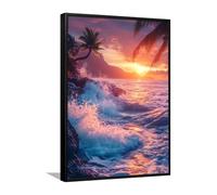 Via Vela Arte de pared en lienzo de olas tropicales del atardecer Océano Playa Palmeras Paisaje Cuadros Obras de arte Impresiones decor de baño Pósters modernos Pintura 40x60cm con marco negro