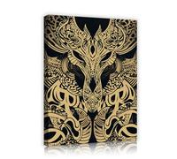 Via Vela Arte mural de guerrero vikingo mitología nórdica grabados de lienzo de estilo dorado y negro retrato retro de un hombre dragón tribal étnico para decoración del dormitorio 45x60cm