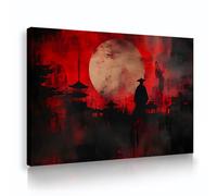 Via Vela Arte mural de lienzo de guerrero japonés carteles de paisajes de luna roja de la luna pintada estampado de arte oriental para decoración del salón y dormitorio 80x120cm