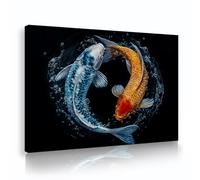 Via Vela Arte mural de lienzo de pez Yin Yang Koi Pintura de círculos de plata dorada Decoración minimalista asiática de feng shui para el salón y baño 40x60cm