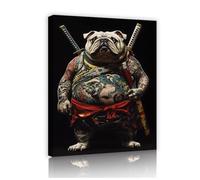 Via Vela Arte mural de lienzo de Samurai Bulldog póster de perro guerrero japonés estilo tatuaje pintura de animales murales grabados arte para decoración del salón 70x90cm
