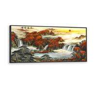 Via Vela Arte pared en lienzo paisaje chino Mural puesta sol cascada Pintura la naturaleza Imágenes orientales Obras arte Feng Shui para Decor comedor 60x145cm con marco negro