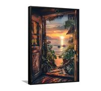 Via Vela Arte pared en lienzo Shabby Chic Tropical Sunset Beach View Prints Rustic Outside the Door Landscape Poster Artwork Mural para Decor café 80x120cm con marco negro