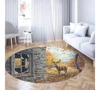 Via Vela Bosque Ciervo Redonda Tapete 150cm Estudio otoño árbol Amarillo Hoja Animal Grande Plegable Pelo bajo Fina Clase Circular Comedor Alfombra
