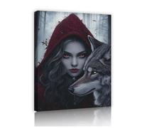 Via Vela Bosque Mujer misteriosa y lienzo de lobo adorable Arte mural Grabados modernos de bosque Carteles de naturaleza Pintura para la decoración del porche del aula 50x60cm