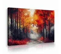 Via Vela Bosque Rojo Otoño Arte Pared Lienzo Póster Sendero Brumoso Pintura Hoja Dorada Paisaje Impresión Naturaleza Estacional Imagen para Sala Estar Lounge Entrada Decoración 70x110cm