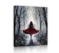 Via Vela Capa roja Bosque Arte mural de mujer en el bosque Mural Imágenes místicas de paisajes Grabados de arte Carteles Pintura para decoración del salón 90x120cm
