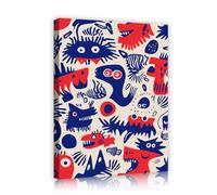 Via Vela Criaturas marinas caprichosas con lienzo arte mural de dibujos animados de peces enmarcados en rojo y azul pintura de diseño juguetón mural grabado para decoración de dormitorio 80x100cm