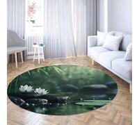 Via Vela Decoración Feng Shui Alfombras Redondas Grandes 100cm Piedras de basalto Patrones de Flores de Loto Blanco Alfombra Fina Antideslizante Lavable para Vestuario de Aula