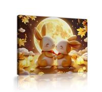 Via Vela Dibujo de pared de lienzo de conejo adorable luna llena noche de otoño estampados de bosque ilustración de animales de vivero póster para decorar dormitorios 75x100cm