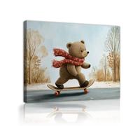 Via Vela Dibujos animados adorables de un cachorro de oso marrón Animal salvaje en monopatín Retratos grabados Póster Mural para dormitorio Sala de estar Decoración del hogar 30x40cm