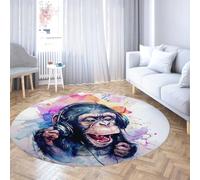 Via Vela Divertido Mono Redonda Alfombra 200cm Sala Juegos Colorido Auriculares música Salpicadura Tinta Arte Lavable Antideslizante Resistente Manchas Fina mesita Noche Circular Estudio Alfombrilla