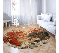 Via Vela Dragón Chino 180cm Alfombra Redonda para Comedor con Alfombrilla Fina y tapete Lavable Criatura mítica Ola mar Ukiyo e Antideslizante salón Dormitorio mesita Noche
