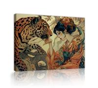 Via Vela Geisha Leopardo Japonesa Lienzo Estilo Samurai Fantasía Fusión Retro Ukiyo E Animal Póster para Apartamento Entrada Interior 70x110cm