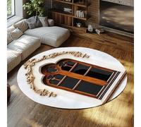 Via Vela Gótico Ventana Redonda Tapete 180cm Salón Vintage Madera Arco Marco Tallado Motivo Arte Estampado Plegable Antideslizante Lavable Fina Pasillo Circular Dormitorio Alfombra