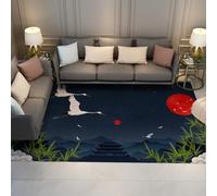 Via Vela Lavable a máquina Alfombra 120x180cm Antideslizantes Salón Grulla Japonesa Ukiyo E Art Alfombrilla de Pelo bajo Dormitorio Tapete bambú Azul índigo Comedor Sol Rojo Entrada artística en