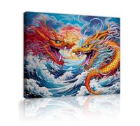 Via Vela Mitología asiática Arte mural de lienzo Cartel místico de dragones y olas del océano Pintura de arte Murales de anime Impresión para decoración del salón 30x40cm