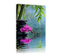 Via Vela Piedras zen y lienzo de orquídea morado Arte mural Tema relajante de spa Pintura natural de bambú verde para baño principal Baño principal Decoración del baño de invitados 30x45cm