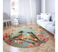 Via Vela Primavera Pájaros Redonda Tapete 120cm Habitación Invitados Ciruelo Cerezo Flor Rama árbol Naturaleza Pintura Grande Plegable Pelo bajo Fina Clase Circular Comedor Alfombra