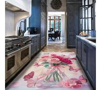 Via Vela Ramo Rosas romántico Alfombra Cocina 90x180cm Rosa Floral Mariposa jarrón Vidrio Arte Alfombra Resistente Manchas con tapete fácil Limpiar Entrada Puerta Principal mesita