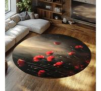 Via Vela Rojo Amapola Flor Redonda Alfombrilla 150cm Habitación Invitados Oscuro Floral óleo Arte Estampado Plegable Antideslizante Lavable Fina Pasillo Circular Sala Conferencia Alfombra