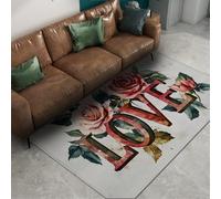 Via Vela Romántico Rosa Flor Letra tapete 60x90cm Vintage Alfabeto Love Signo jardín Motivo Fina Plegable de Pelo bajo Lavable Grande Antideslizante Sala Dormitorio Alfombra