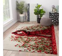 Via Vela Romántico Rosa pétalo Pareja Abrazo Alfombra 90x180cm Rojo Flor jardín Escena Fina Plegable de Pelo bajo Lavable Grande Antideslizante Dormitorio Boda tapete
