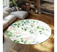 Via Vela Verde Hojas Redonda Tapete 180cm Tocador Acuarela botánico Planta Rosa Enredadera Motivo Grande Plegable Pelo bajo Fina Sala Conferencia Circular Home Oficina Alfombra