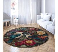 Via Vela Vintage Pájaros Redonda Tapete 180cm Comedor Retro pájaro Cantor Flor Rama Rojo Baya Motivo Grande Plegable Pelo bajo Fina Clase Circular Home Oficina Alfombra