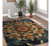 Via Vela Vintage Turquesa Mandala Flor Alfombrilla 60x120cm Boho geométrico Flor Abierta Motivo Fina Plegable de Pelo bajo Lavable Grande Antideslizante Pasillo sótano Alfombra
