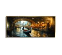 Via Vela Waterway City Night Pintura arte mural en lienzo Grandes impresiones murales Cuadros paisajes Póster obra arte moderno para Decor la sala estar del hogar 50x126cm con marco dorado