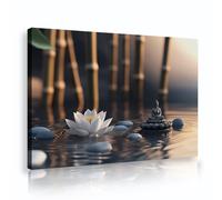 Via Vela Zen Buda Lienzo Arte Pared Estatua Meditando Flor Loto y Bambú Moderno Lienzo Pintura para Salón Dormitorio Spa Yoga Studio Espiritual Pared Decoración Listo Colgar 20x30cm