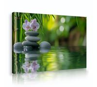 Via Vela Zen Lienzo Enmarcado Arte Pared para Baño Verde Bambú Lienzo Impresión Orquídea Flores Piedras Apiladas Spa Yoga Meditación Sala Imágenes Hogar Pared Decoración 80x120cm
