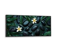 Via Vela Zen Spa Hotel Gran Arte Pared en Lienzo Hojas Verdes Piedras Negras Plumeria Impresiones Flores Pintura Moderna para Decor Habitación Yoga Apartamento 40x101cm con Marco Negro