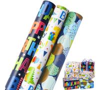 Viadom Papel de regalo de cumpleaños de dinosaurio, 3 rollos de papel de regalo impreso con globos de dinosaurio para niños, mini rollo de 17 x 120 pulgadas por rollo